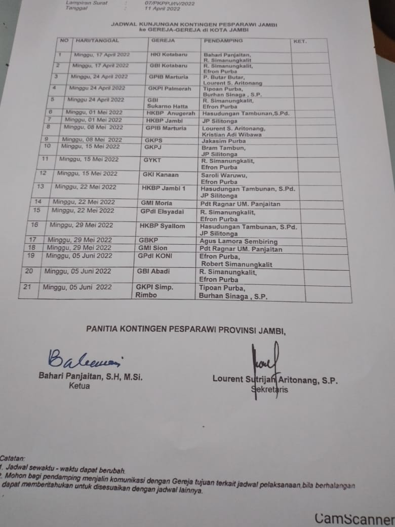 Jadwal Kunjungan Kontingen Pesparawi ke Gereja-Gereja di Kota Jambi