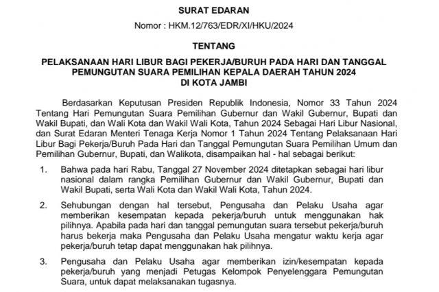 Surat Edaran Pj Wali Kota Jambi Tetapkan 27 November Libur Nasional