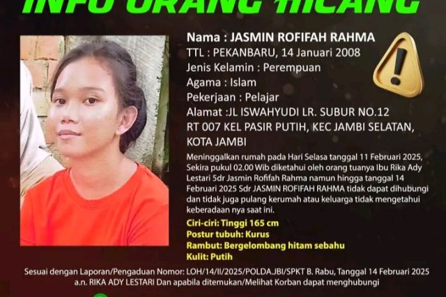 Info Orang Hilang Atas Nama Jasmin Rofifah Rahma