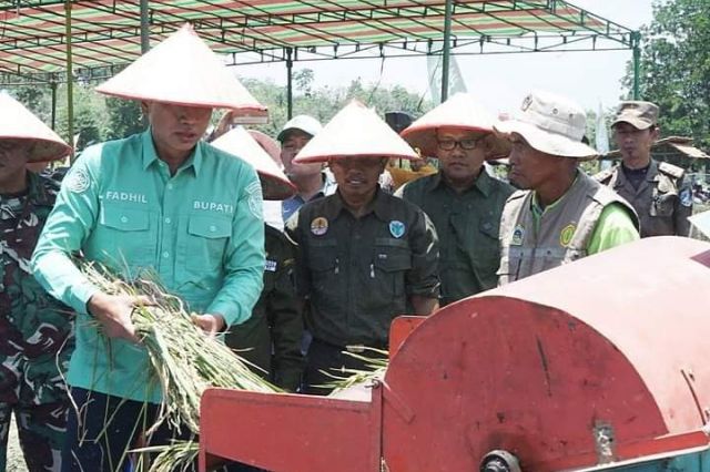 Bupati Batanghari menghadiri sekaligus melakukan Panen Raya Padi Sawah Kelompok Tani Sinar Fajar dan Sumber Mulyo