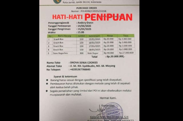 Hati-Hati Penipuan Yang Mengatasnamakan Kodim 0415/Jambi Untuk Program Makan Bergizi Gratis